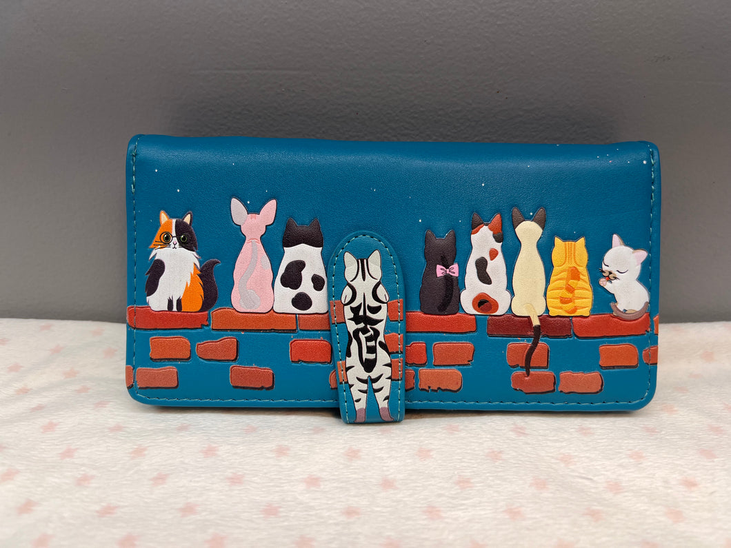 Large Women's Wallet - Cats in a Row Teal
