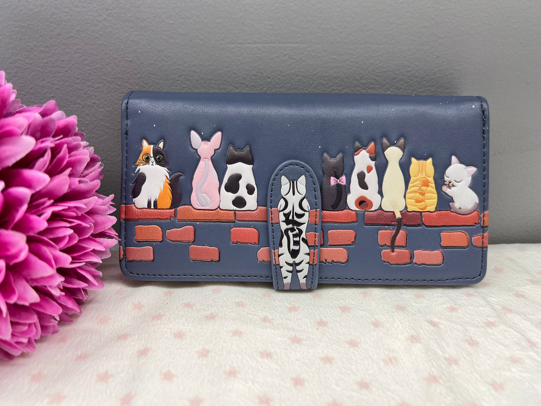 Large Women's Wallet - Cats in a Row Blue