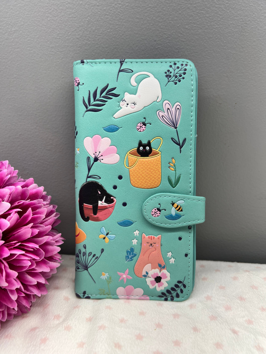 Large Women’s Wallet - Garden Cats Mint