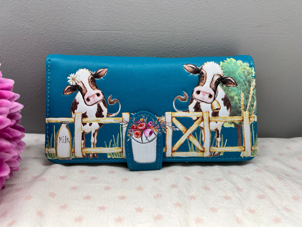 Large Women's Wallet - Cow Farm Blue