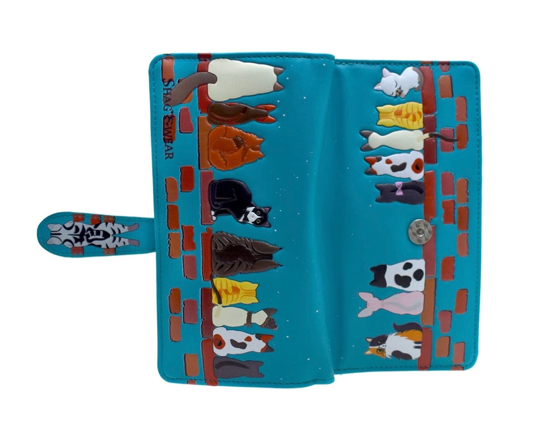Large Women's Wallet - Cats in a Row Teal